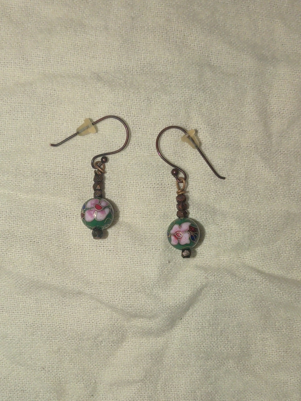 Bronze Pink Flower Cloisonné Drop Earrings in Green